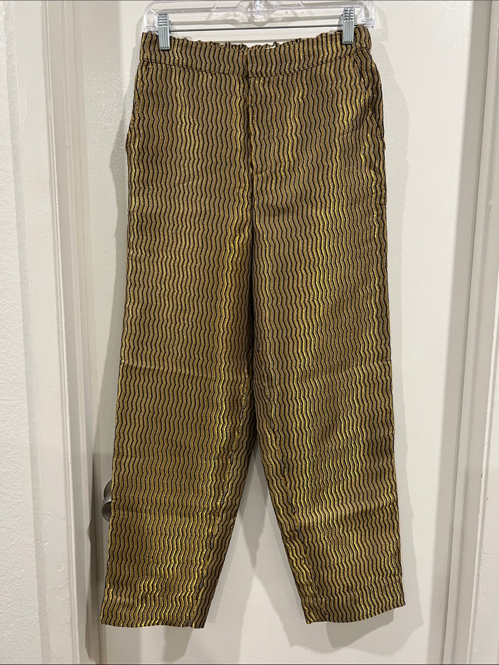 Anthropologie Maeve Melyssa Jacquard Crop Pants Trousers Zig Zag Gold Sz XSmall